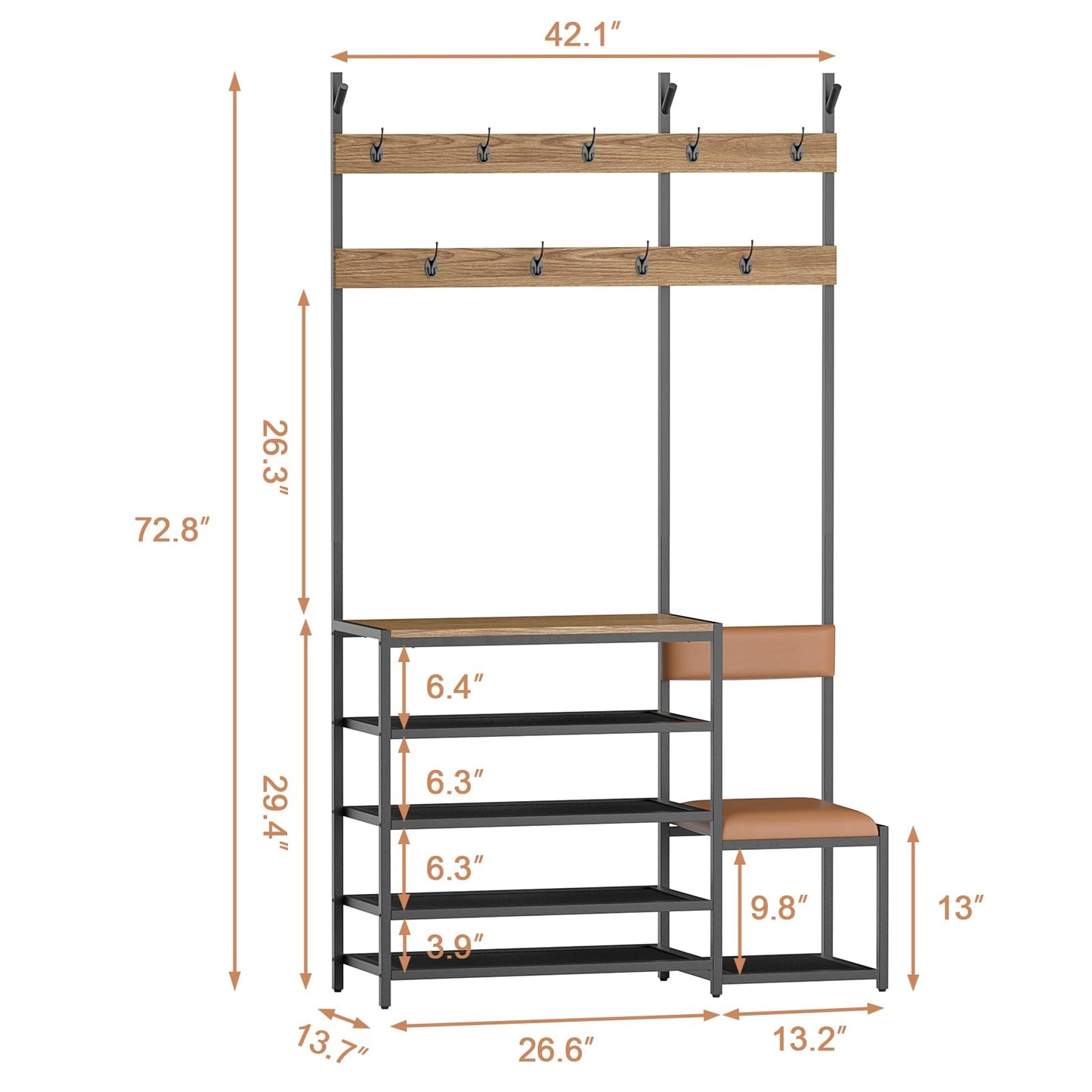 ROOMTEC Coat Rack Shoe Bench,Hall Tree with Shoe Bench for Entryway,Pipe Style Hall Tree with 9 Hooks,Multifunctional Entryway Coat Rack,Wood Look Accent Furniture with Metal Frame - WoodArtSupply