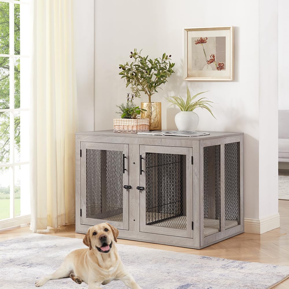 unipaws Extra Large Dog Crate Furniture with Divider for 2 Dogs, Wooden Dog Kennel for XLarge Breed, Indoor Decorative XL Wood Dog Cage, Inside Side End Table Crate with Tray, for Dogs Up to 90 lbs unipaws