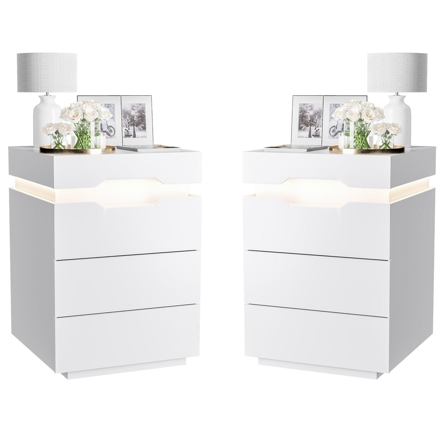 YESHOMY Nightstand with LED Light and Charging Station, Endtable with 3 Drawers, Bedside Table with Large Capacity, for Bedroom, Set of 2, 27.5" Height, White