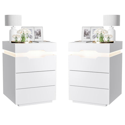 YESHOMY Nightstand with LED Light and Charging Station, Endtable with 3 Drawers, Bedside Table with Large Capacity, for Bedroom, Set of 2, 27.5" Height, White