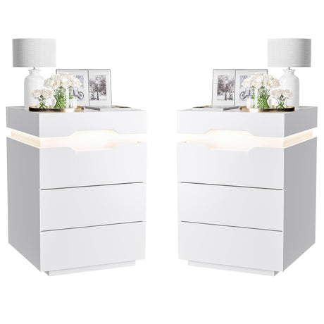YESHOMY Nightstand with LED Light and Charging Station, Endtable with 3 Drawers, Bedside Table with Large Capacity, for Bedroom, Set of 2, 27.5" Height, White YESHOMY