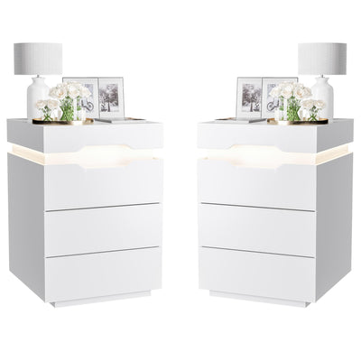 YESHOMY Nightstand with LED Light and Charging Station, Endtable with 3 Drawers, Bedside Table with Large Capacity, for Bedroom, Set of 2, 27.5" Height, White