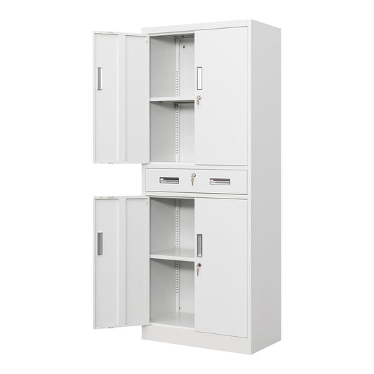 CJF Metal Storage Cabinets with Drawer and Adjustable Shelves, Locking Storage Cabinet for Pantry Kitchen Home Office Garage Living Dining Room (White) - WoodArtSupply