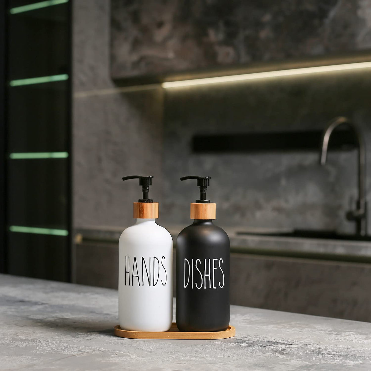 MOMEEMO Glass Soap Dispenser Set, Contains Hand Soap Dispenser and Dish Soap Dispenser, Suitable for Black and White Kitchen Decor. (Black & White) MOMEEMO