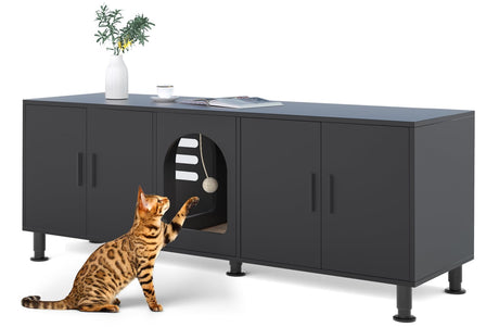 Amunrbrek Double Litter Box Enclosure, Litter Box Enclosure for 2 Litter Boxes, Modern Litter Box Furniture for 2 Cats, with Cat Door & Motion Light (Black) amunrbrek