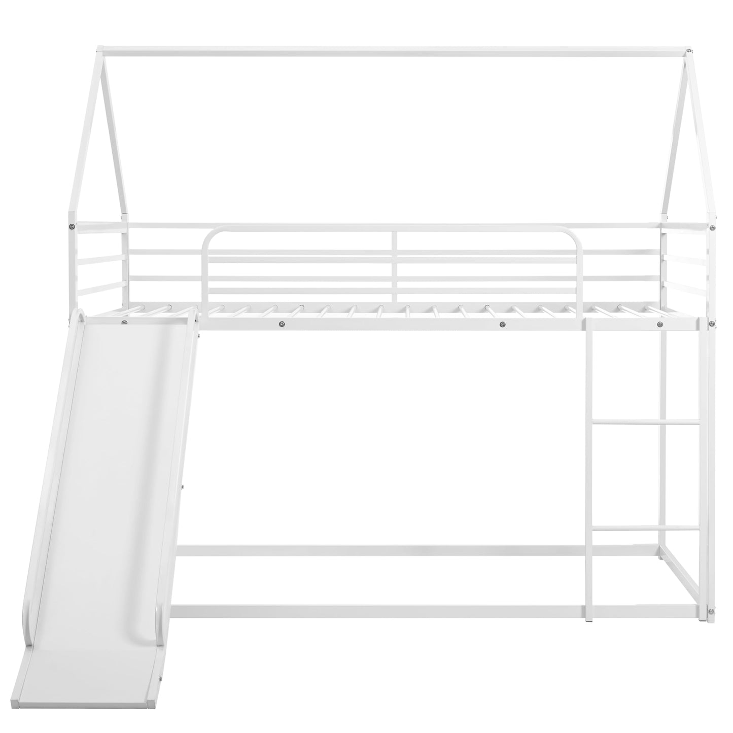 NKISHECK Metal Twin Over Twin Bunk Bed with Slide, Low House Bunk Bed for Girls Boys, White