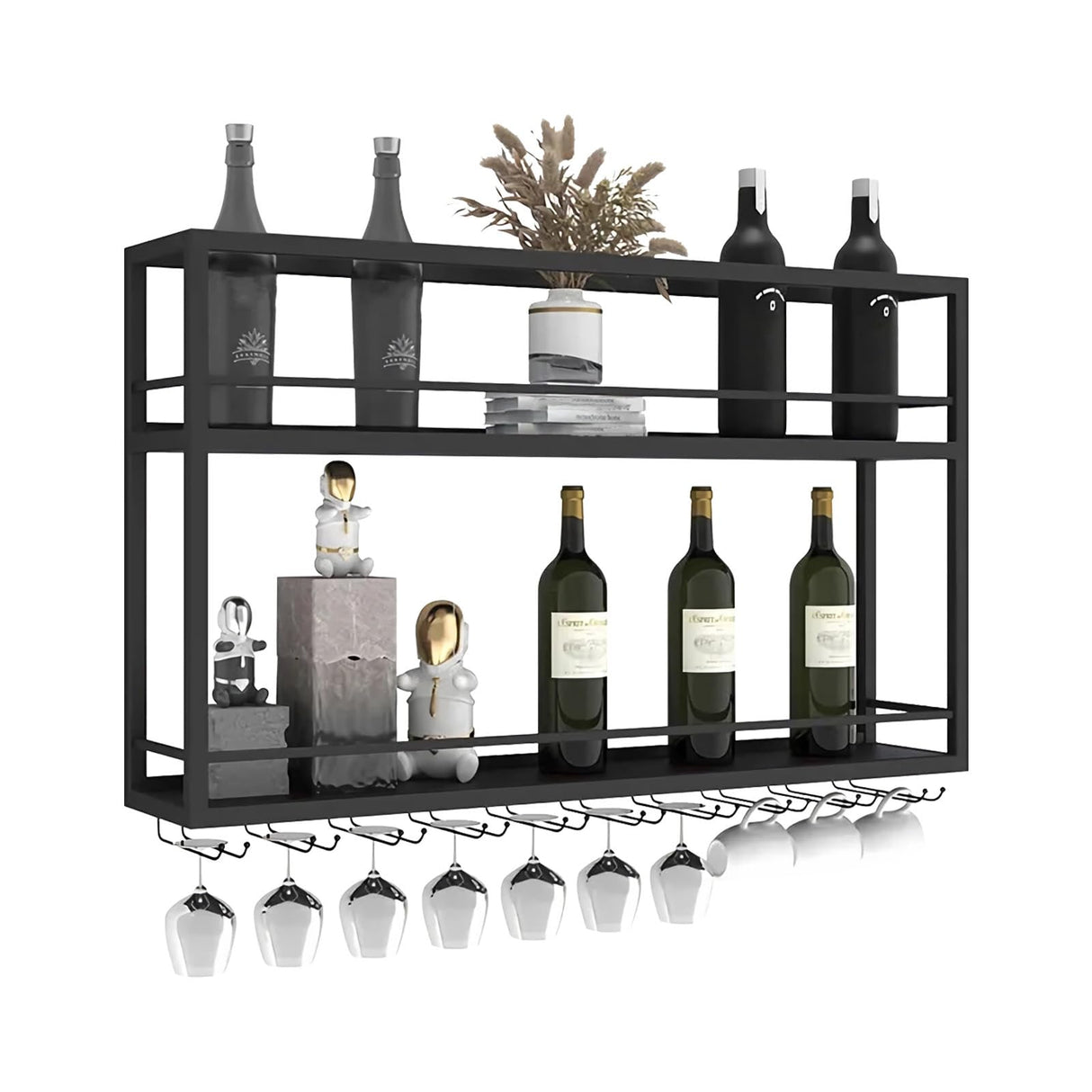 Industrial Wall Mounted Wine Rack, 2-Tier Wood Wine Bottle Shelf with Stemware Rack, Black Wine Glass Rack Multi Functional Wine Storage Display Rack for Home Bar Dining Room Kitchen (39.3×7.8×26in) SPTZQURY
