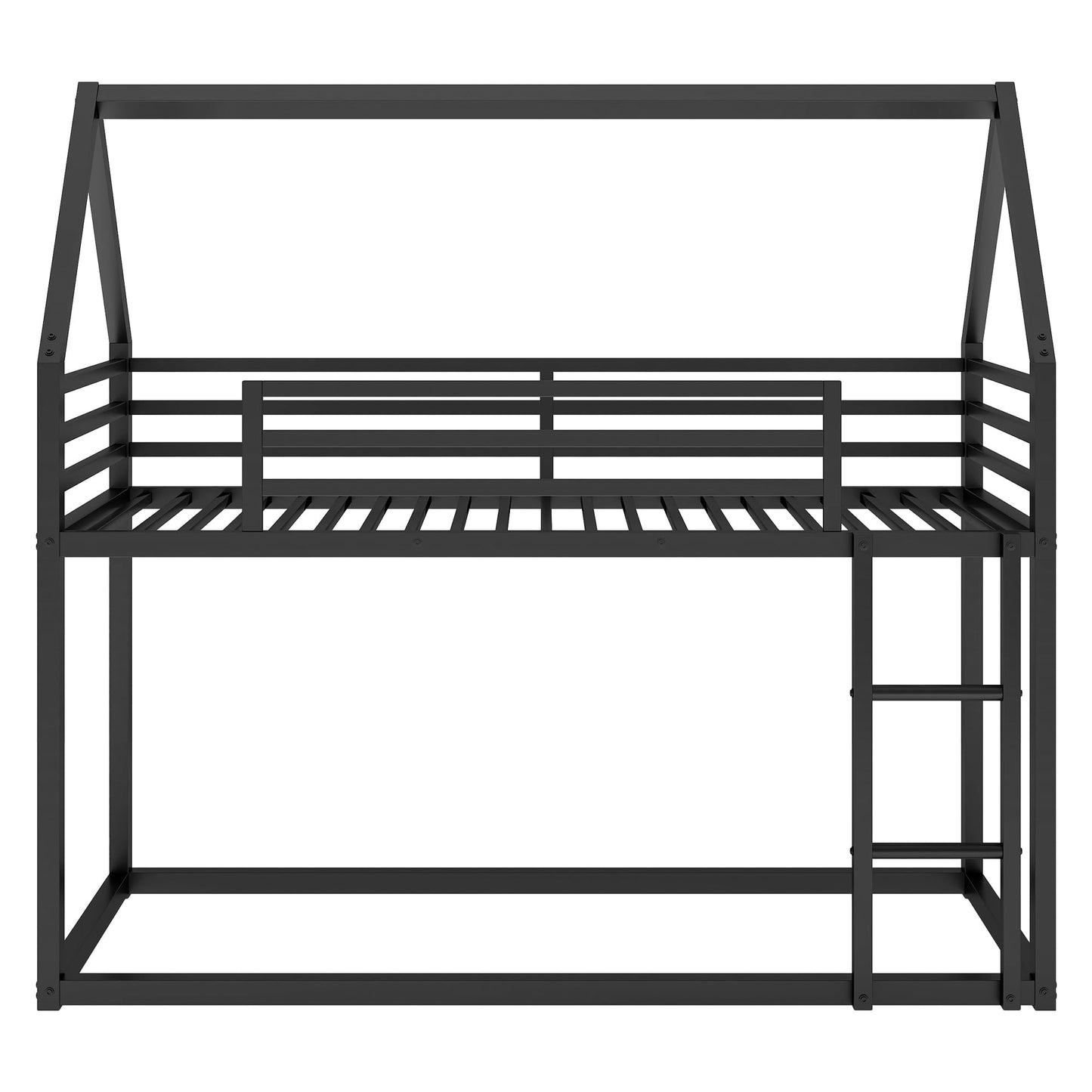 PVWIIK Twin Over Twin Metal Floor Bunk Bed with Safety Guardrails and Roof Design for Kids,Girls, Boys,House Shaped Bunk Bed Frame,No Box Spring Required,Black