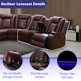 Anthato Power Recliner Sectional Sofa Set with LED, Luxury L-Shaped Reclining Sofa, Leather Reclining Corner Couch with Cup Holders/Storage/Charging Ports for Living Room/Home Theater, Burgundy Red Anthato