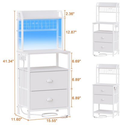 Furologee Tall Nightstand with Charging Station & LED Lights, 41'' Bedside Table with 2 Drawers & Pegboard, White Night Stand with Hooks & Folders, End Table with Shelves for Bedroom/Living R - WoodArtSupply