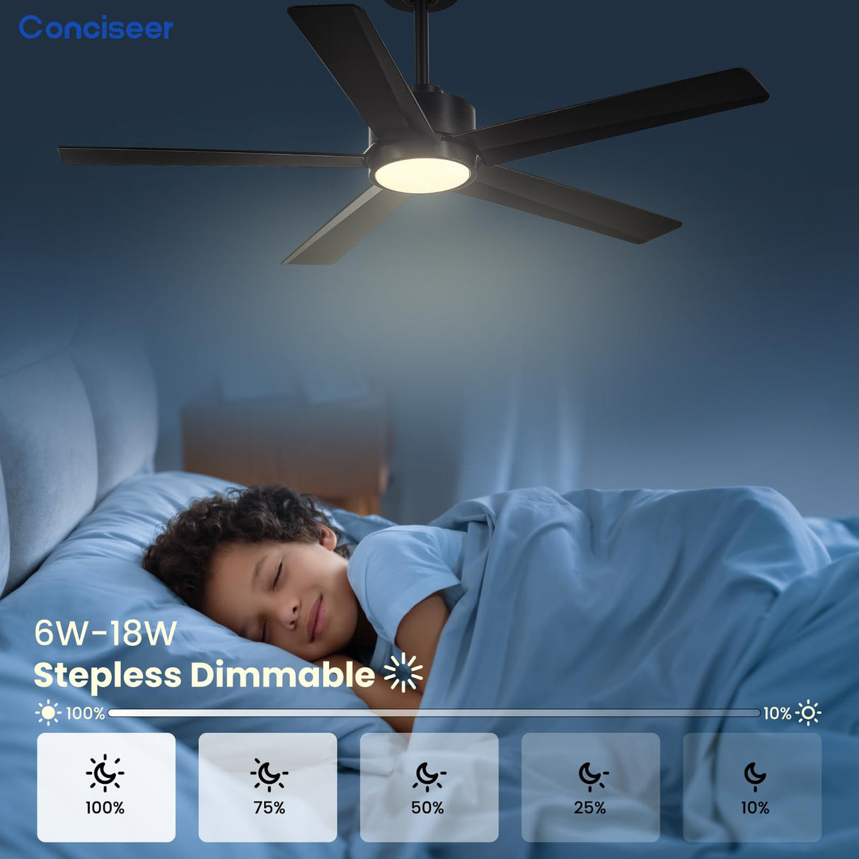 Conciseer Modern Ceiling Fans with Lights,52 Inch Ceiling Fans with Remote for Bedroom Living Room Kitchen, 18W 3CCT Dimmable，5 Blades 6 Speed Reversible Quiet DC Motor Black Conciseer