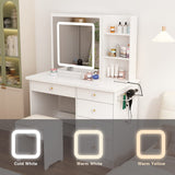 AIEGLE Large Vanity Desk Set with Sliding Lighted Mirror & Build-in Power Strip, 3 Colors LED Lighted Makeup Vanity Drawer Dressing Table with Hair Dryer Rack & Cushioned Stool, White - Power Strip AIEGLE