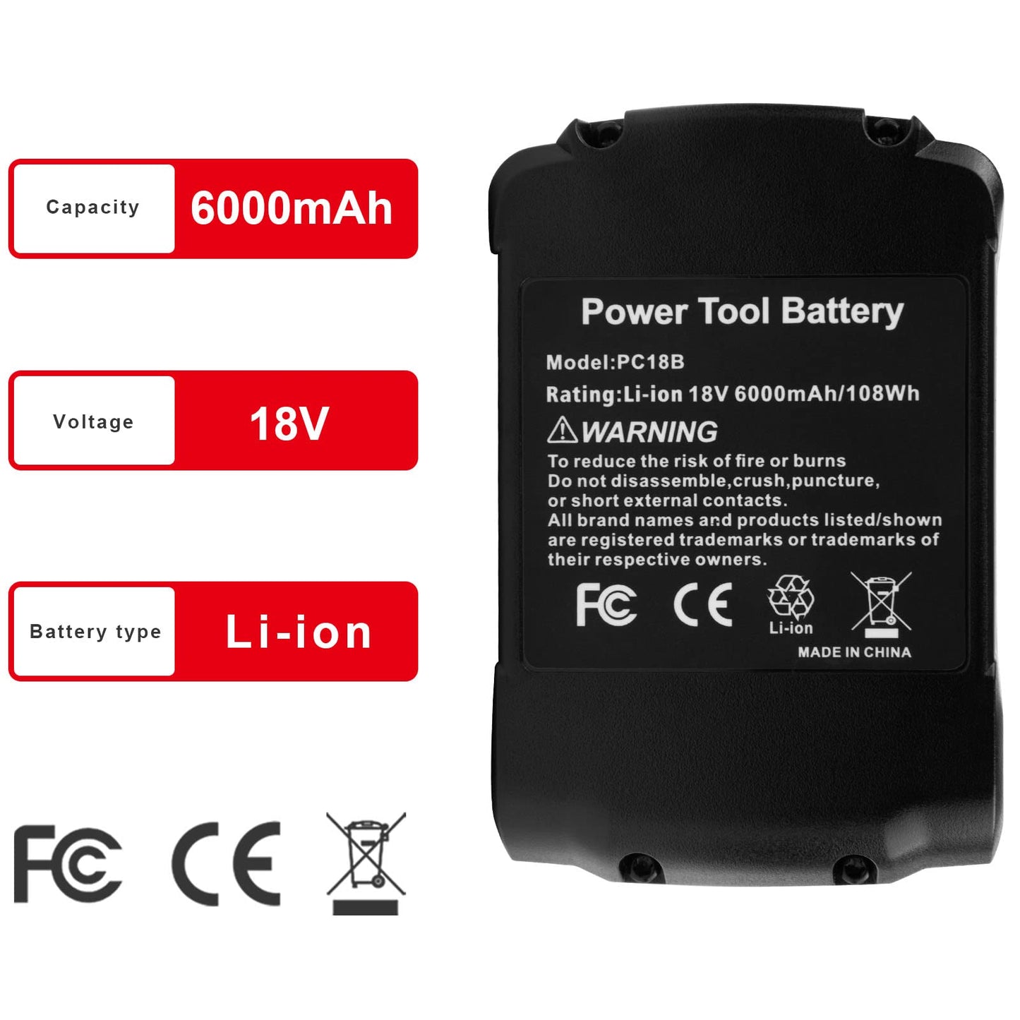 Futurebatt [1-Pack] High-Output 6000mAh [Lithium-Ion Type] 18V PC18B Battery for Porter Cable 18-Volt Battery PC18B PC18BL PCC489N PC18BLEX..., Only Can Charged with Charger PCXMVC PCLMVC (No - WoodArtSupply