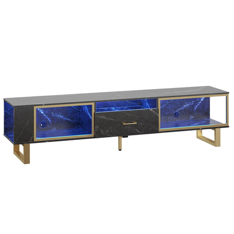 Bestier 80 Inch TV Stand for 65/75/85/90 Inch TVs, LED Gaming Entertainment Center with Open Storage and Half-Glass Design Drawer, Modern High Gloss Media Console for Living Room Bedroom, Black Marble Bestier