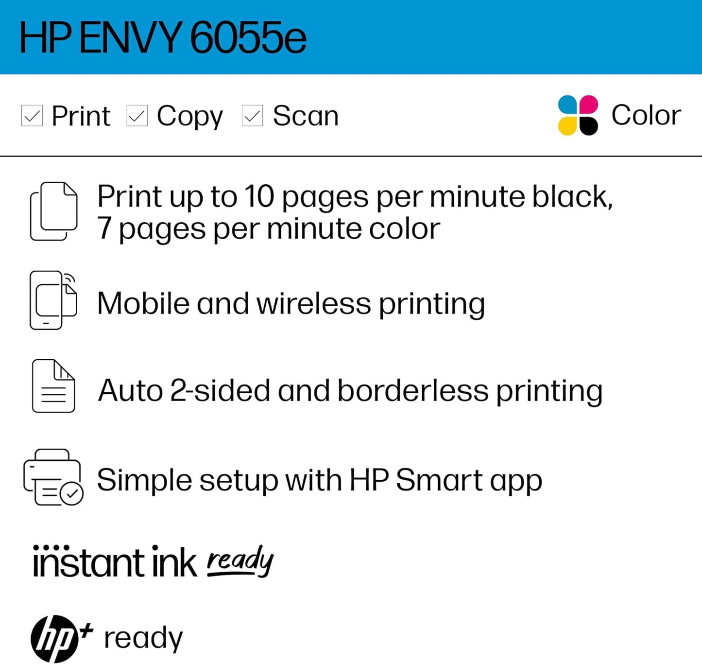 HP ENVY 6055e Wireless Color All-in-One Printer with 3 Months Free Ink with HP+ (223N1A) (Renewed)