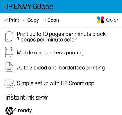 HP ENVY 6055e Wireless Color All-in-One Printer with 3 Months Free Ink with HP+ (223N1A) (Renewed)