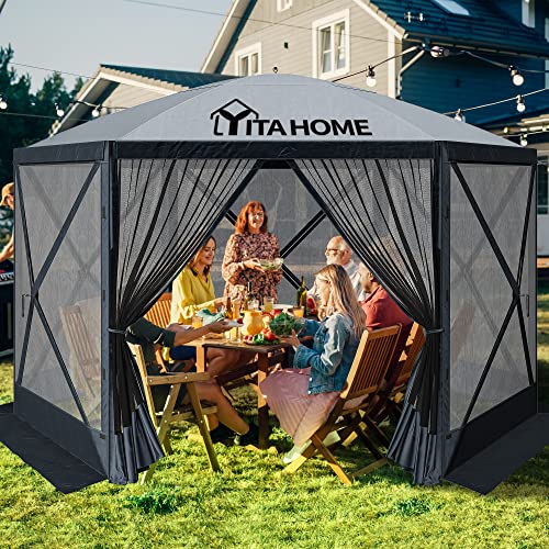 YITAHOME 12x12ft Camping Gazebo, Portable Pop Up Canopy Outdoor Screen Tent 6 Sided with Mesh Windows and Carry Bag for Camping, Picnic, Backyard Party Outside Activities, Gray YITAHOME