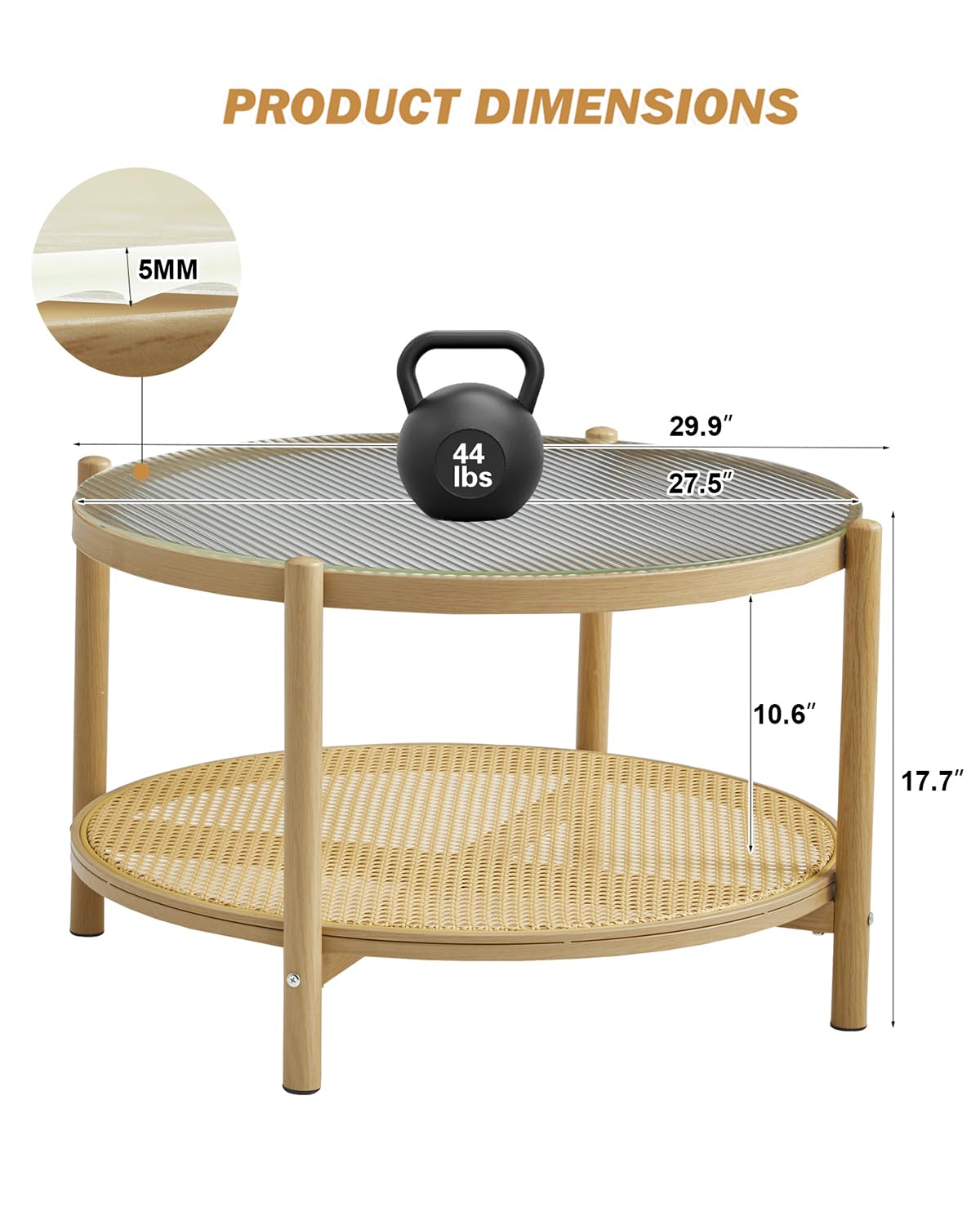COSVALVE 27.5" Boho Rattan Coffee Table, Round Glass Metal Center Table, Modern Simple 2 Tier Middle Table for Small Space Living Room Bedroom Office Meeting Room COSVALVE