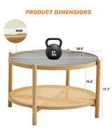 COSVALVE 27.5" Boho Rattan Coffee Table, Round Glass Metal Center Table, Modern Simple 2 Tier Middle Table for Small Space Living Room Bedroom Office Meeting Room COSVALVE