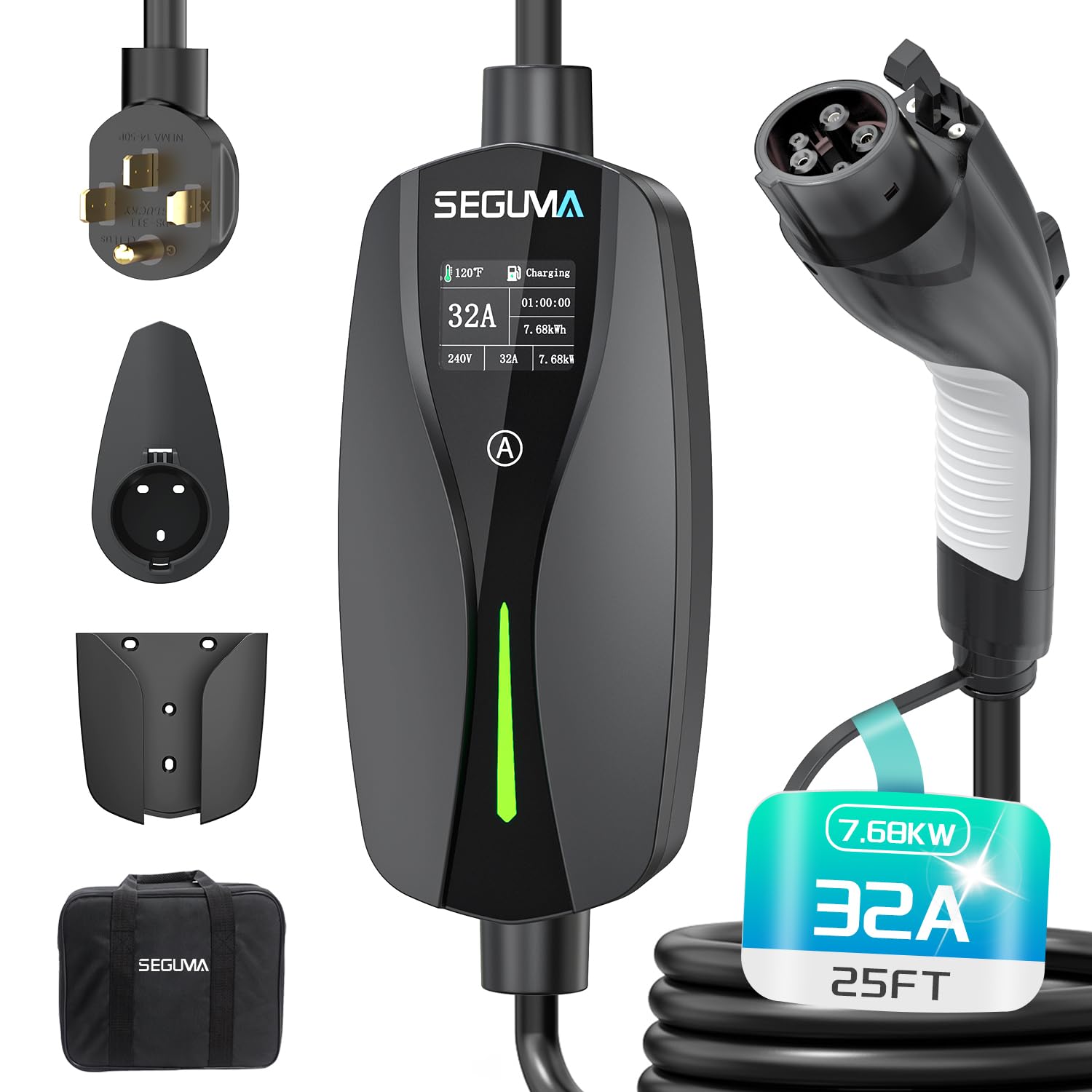 Level 2 EV Charger(32A, 240V, NEMA 14-50 Plug), Portable SAE Electric Car Charger with 25ft EV Charger Extension Cord, Adjustable Current, Home Outdoor Level 2 Mobile Electric Vehicle Chargin - WoodArtSupply