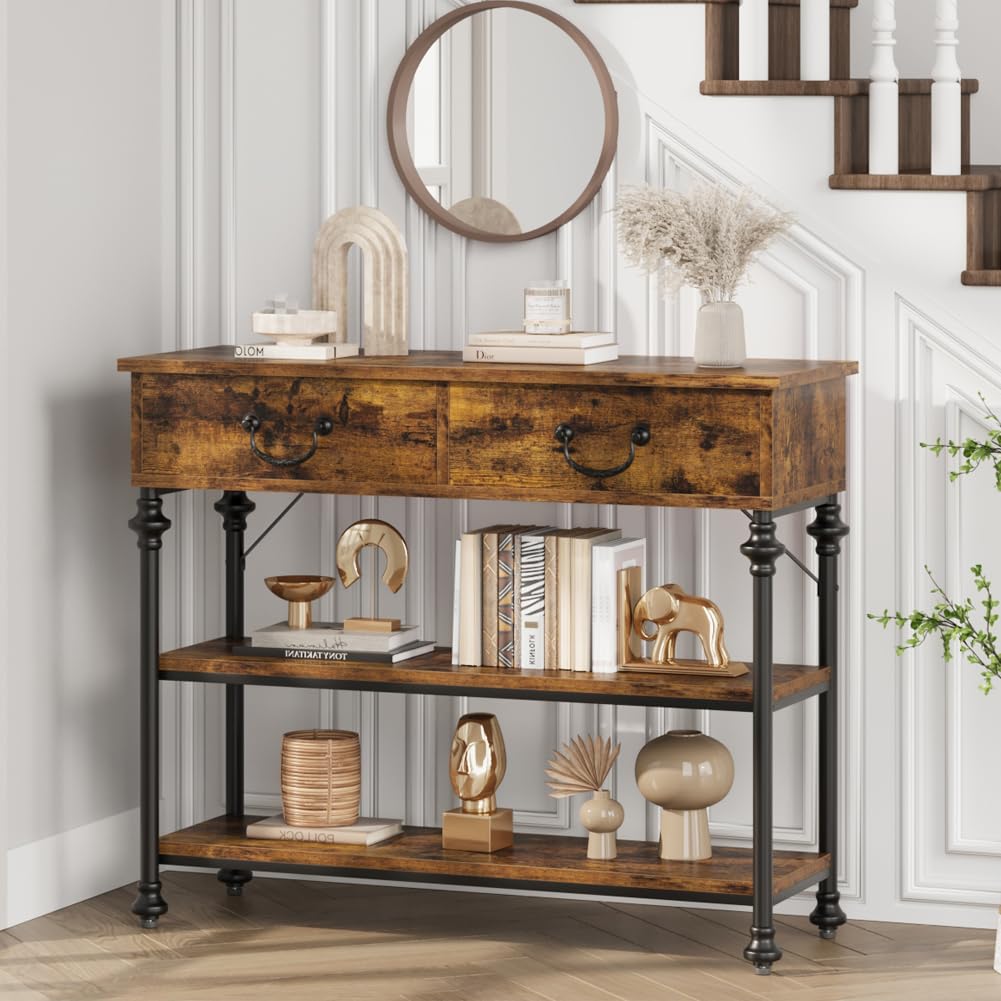 IDEALHOUSE Console Tables for Entryway, Small Entryway Table with 2 Drawers, Narrow Console Table with Storage Shelves for Living Room, Hallway Table, Sofa Table, Rustic Brown IDEALHOUSE
