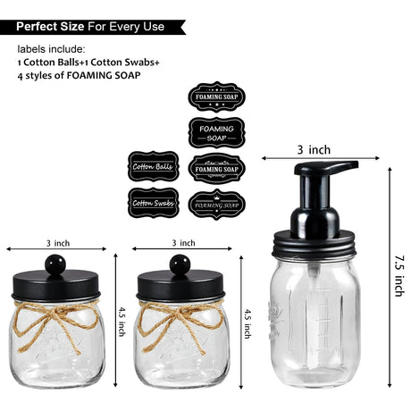 SheeChung Bathroom Accessories Set - Mason Jar Foaming Hand Soap Dispenser, Qtip Holder Set, Rustic Farmhouse Decor, Apothecary Jars, Bathroom Countertop Organizer - Black SheeChung