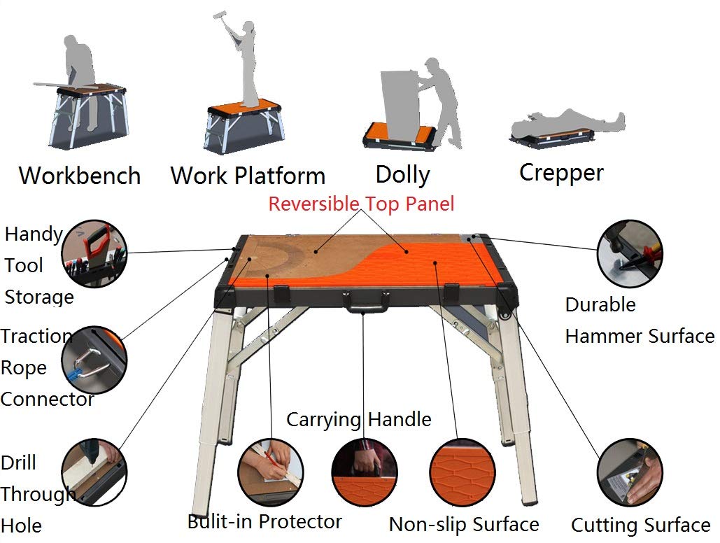 4 in 1 Multi-Function Portable Folding Work Bench-Workbench/Scaffold Platform/Creeper Carrier/Hand Truck - WoodArtSupply