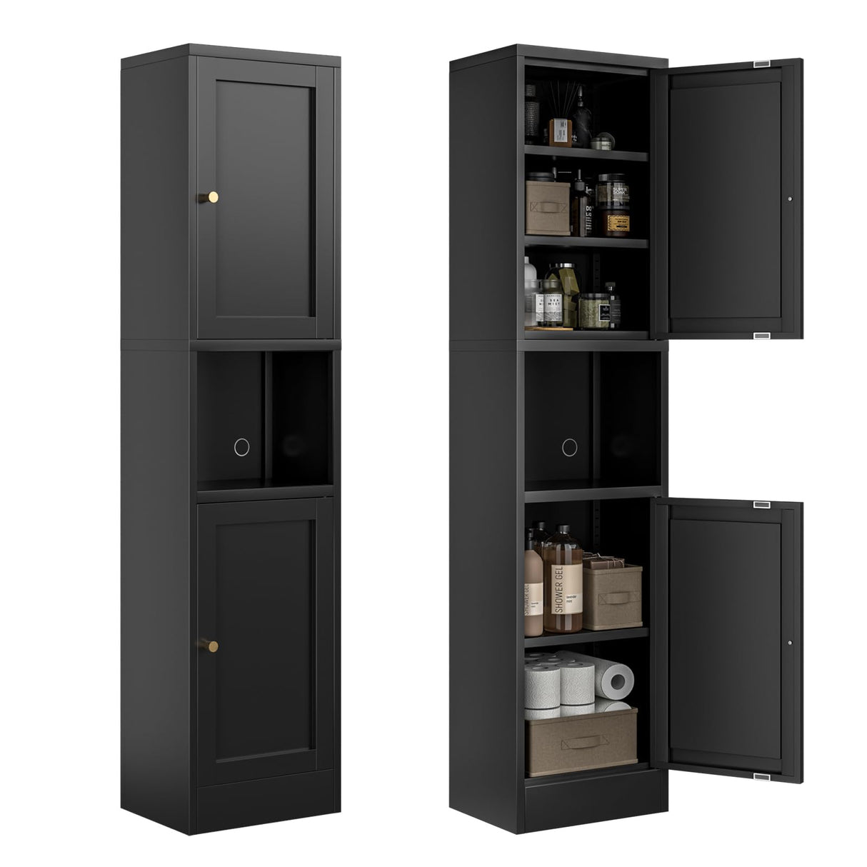 Bevivog Tall Bathroom Storage Cabinet,Narrow Metal Cabinet with Open Compartment,Freestanding Floor Cabinets Adjustable Shelves for Small Spaces, Slim Kitchen Pantry,Living Room,Black Bevivog