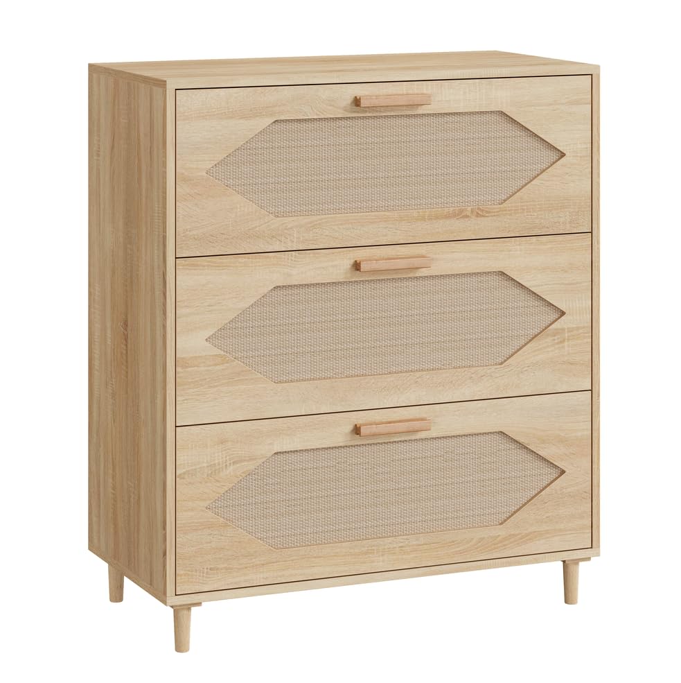 EliteEdge 31.5" Wide 3-Drawer Dresser with Rattan Fronts, Modern Wood Oak Chest of Drawers for Bedroom Closet Storage, Natural Wood Organizer for Kids Room, Hallway and Living Room Decor EliteEdge
