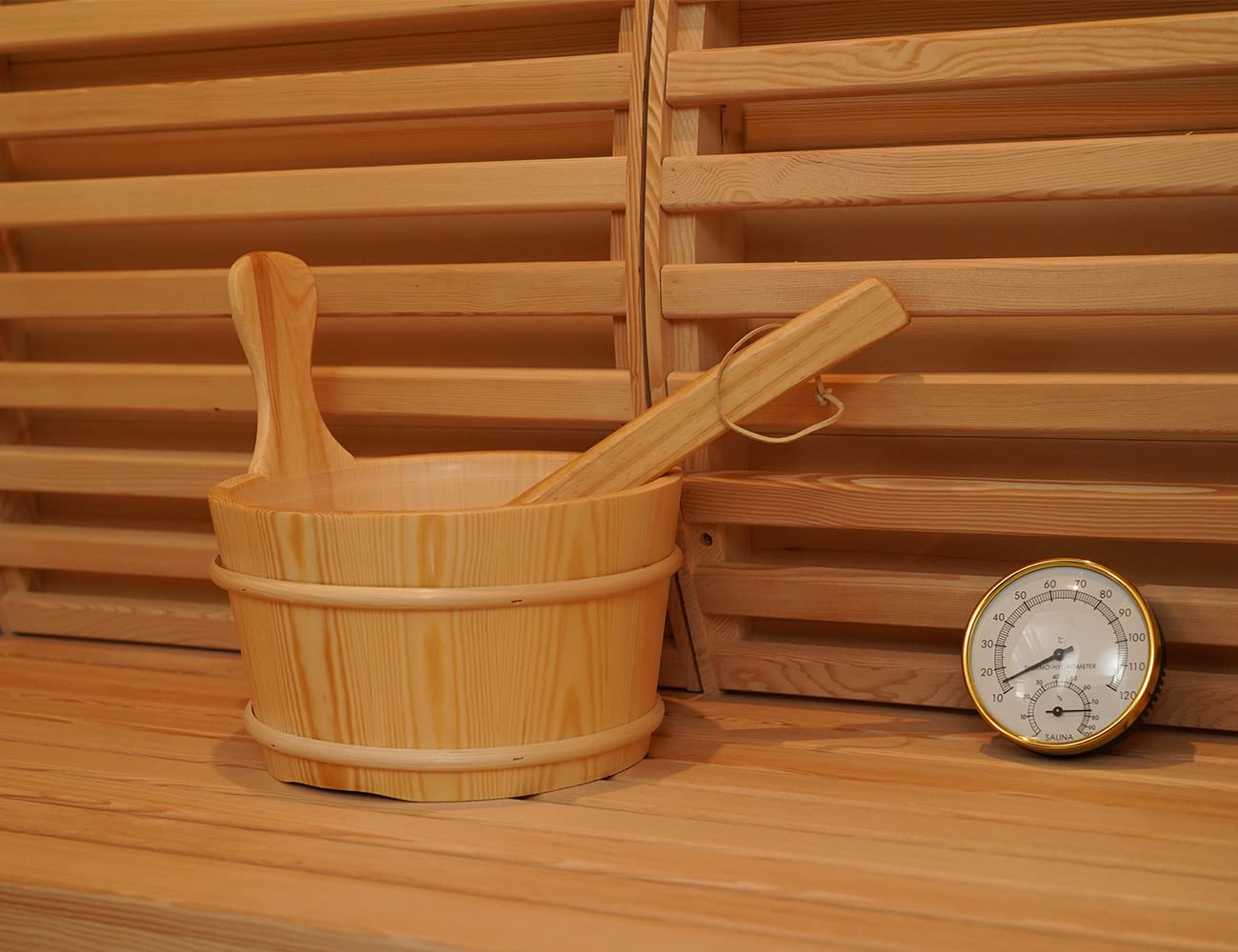 amocane Sauna Wooden Bucket and Ladle Kit, Sauna Accessories with Thermometer for Any Barrel or Steam Sauna & SPA (Hemlock Wood Color)