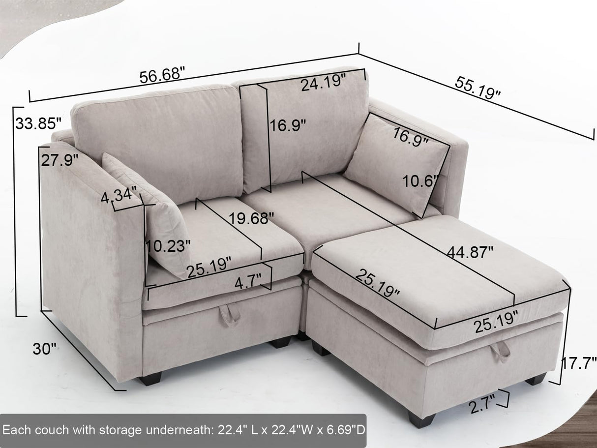 asunflower Loveseat Sofa with Storage Seat, Modular Sectional Sofa with Ottoman Small Couch for Small Spaces Convertible L Shaped 2 Seater Love Seats Couch for Bedroom, Home Office, Grey asunflower