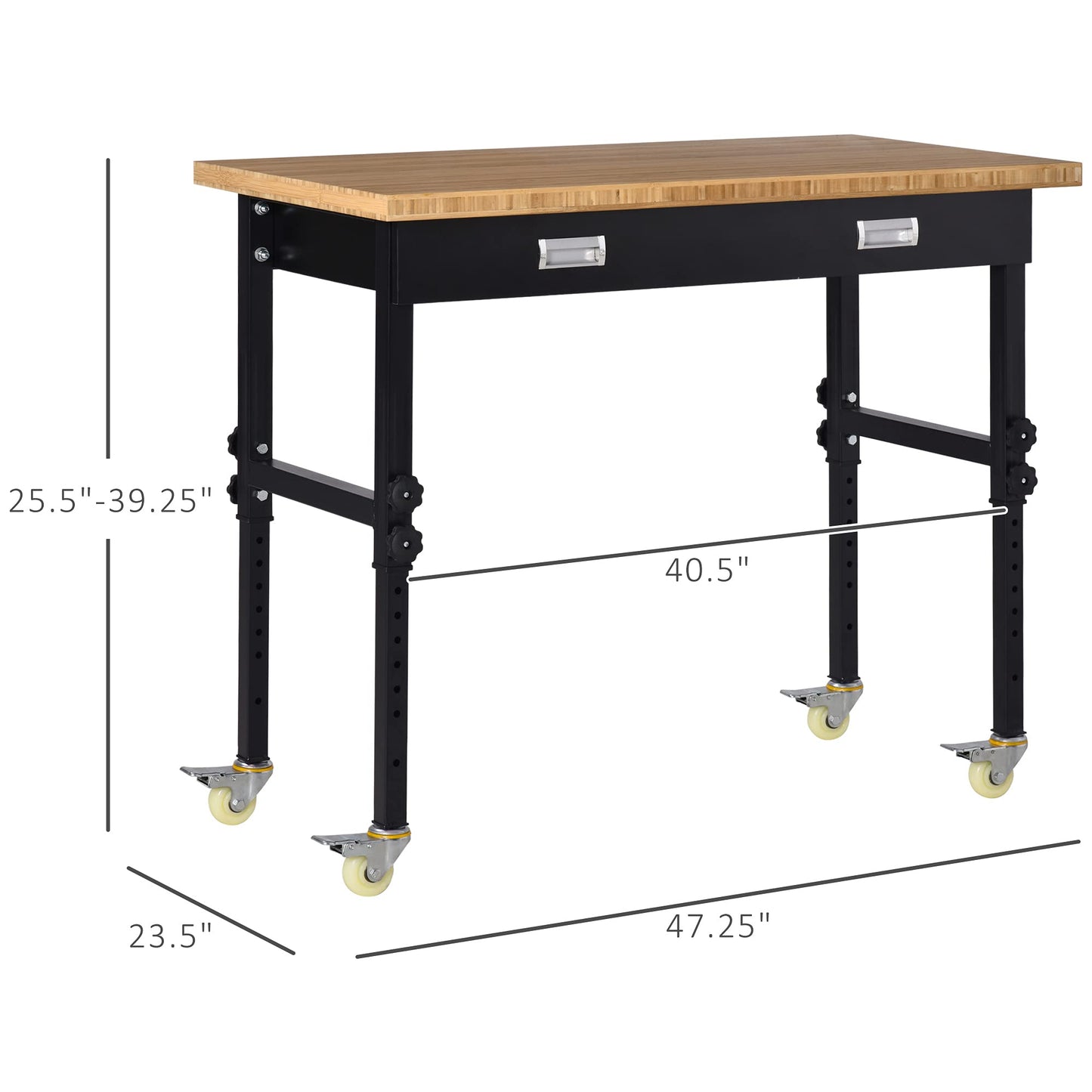 HOMCOM 47" Work Bench with Drawer, Height Adjustable Legs, Bamboo Tabletop Workstation Tool Table on Wheels for Garage, Weight Capacity 1320 Lbs, Black/Natural - WoodArtSupply