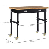 HOMCOM 47" Work Bench with Drawer, Height Adjustable Legs, Bamboo Tabletop Workstation Tool Table on Wheels for Garage, Weight Capacity 1320 Lbs, Black/Natural HOMCOM
