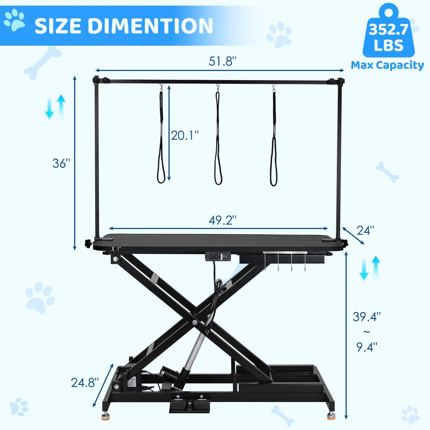 MAMIZO 50'' Electric Dog Grooming Table, Professional Heavy Duty Pet Hydraulic Grooming Table w/Overhead Arm, 3 Noose & Multi-hole Socket, Height Adjustable Grooming Station For Large Dogs, BLACK