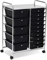 15 Drawer Rolling Storage Cart, Mobile Utility Cart with Lockable Wheels, Drawers, Multipurpose Organizer Cart for Home, Office, School, Black COSTWAY