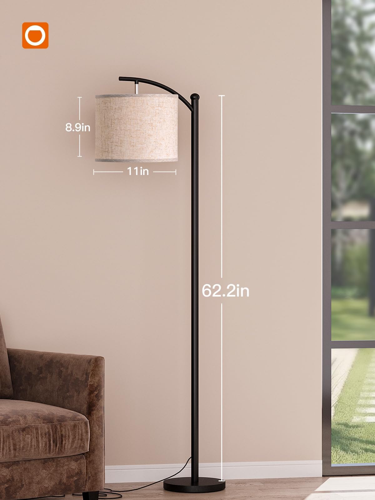 addlon Floor Lamp for Living Room with 3 Color Temperatures, Standing lamp with Linen lampshade for Bedroom, Office, Lamps with 9W LED Bulb Included - Black with Beige Lampshade addlon