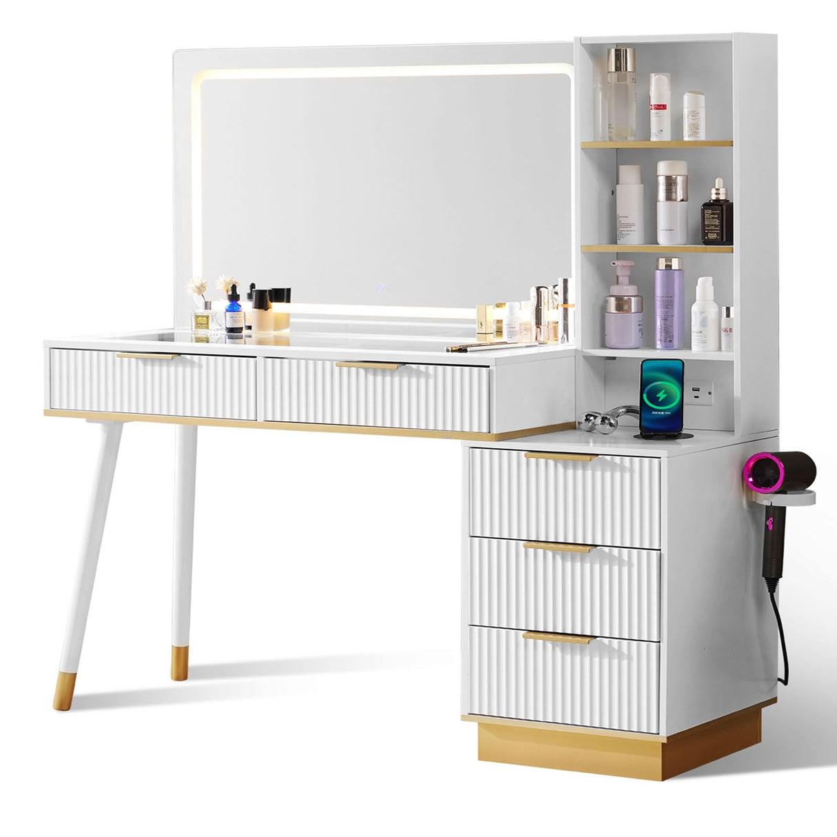 LUXOAK 54" Tall Vanity Desk with 35" W x 24" H Large Mirror and Lights, Large Makeup Vanity Table with 5 Drawers, 3 Shelves and Charging Station, Glass Top Desk for Dressing Room, Bedroom, White LUXOAK