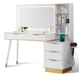 LUXOAK 54" Tall Vanity Desk with 35" W x 24" H Large Mirror and Lights, Large Makeup Vanity Table with 5 Drawers, 3 Shelves and Charging Station, Glass Top Desk for Dressing Room, Bedroom, White LUXOAK