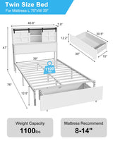ZBOM Twin Size Bed Frame with Storage Headboard & Drawer, 3-in-1 Charging Station, Metal Slats Support, No Box Spring Needed,Upholstered Platform (White) ZBOM