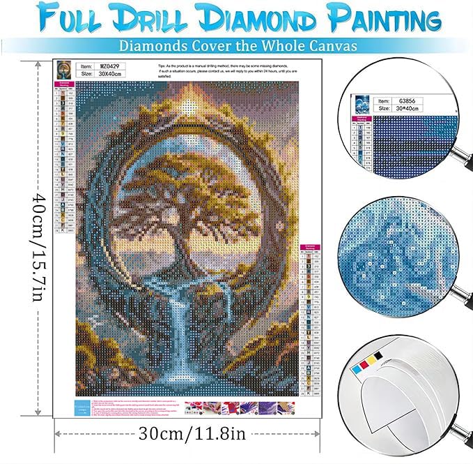 Tree of Life Diamond Art Kits for Adults - 5D Round Drill Diamond Painting Kits, DIY Font of Life Diamond Painting Gem Art, Crystal Waterfall Diamond Art Painting for Home Decor Walls Gifts 12X16Inch Xylogist