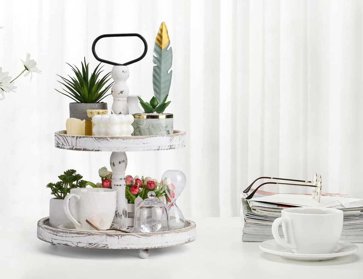 Farmhouse Wooden Decorative Two Tiered Trays+ Pu Leather Tray,Wood 2 Tier Serving Tray Stand for Rustic Table Centerpiece,Kitchen Decor,Coffee Bar, or Cupcake Stand (White) TANYRE