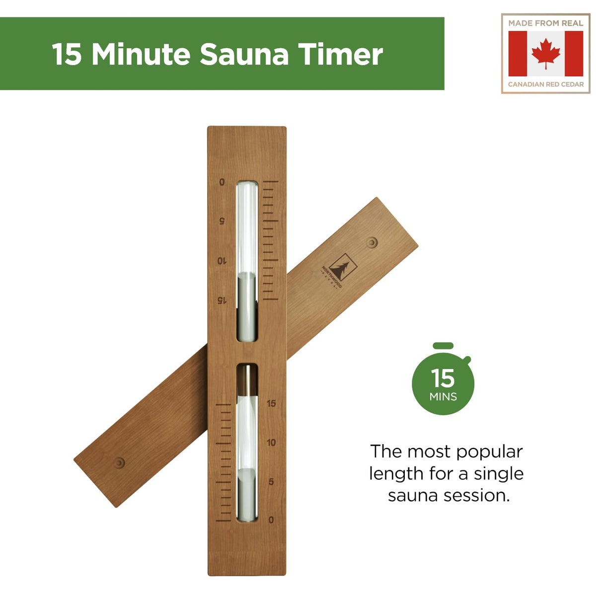 Northwood Sauna - Sauna Sand Timer - Handmade from Canadian Red Cedar Wood - Wall Mounted Rotating 15 Minutes Hourglass Timer with White Sand Northwood Sauna