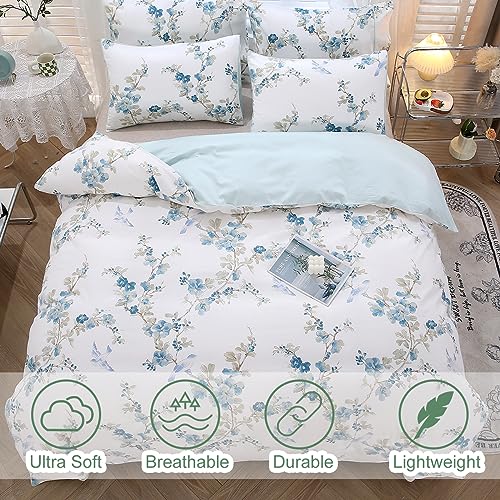 URBONUR Full Size Duvet Cover Sets Light Blue Garden Floral Bedding Comforter Cover, Ultra-Soft & Breathable Duvet Sets for All Season, Button Closure & Corner Ties URBONUR