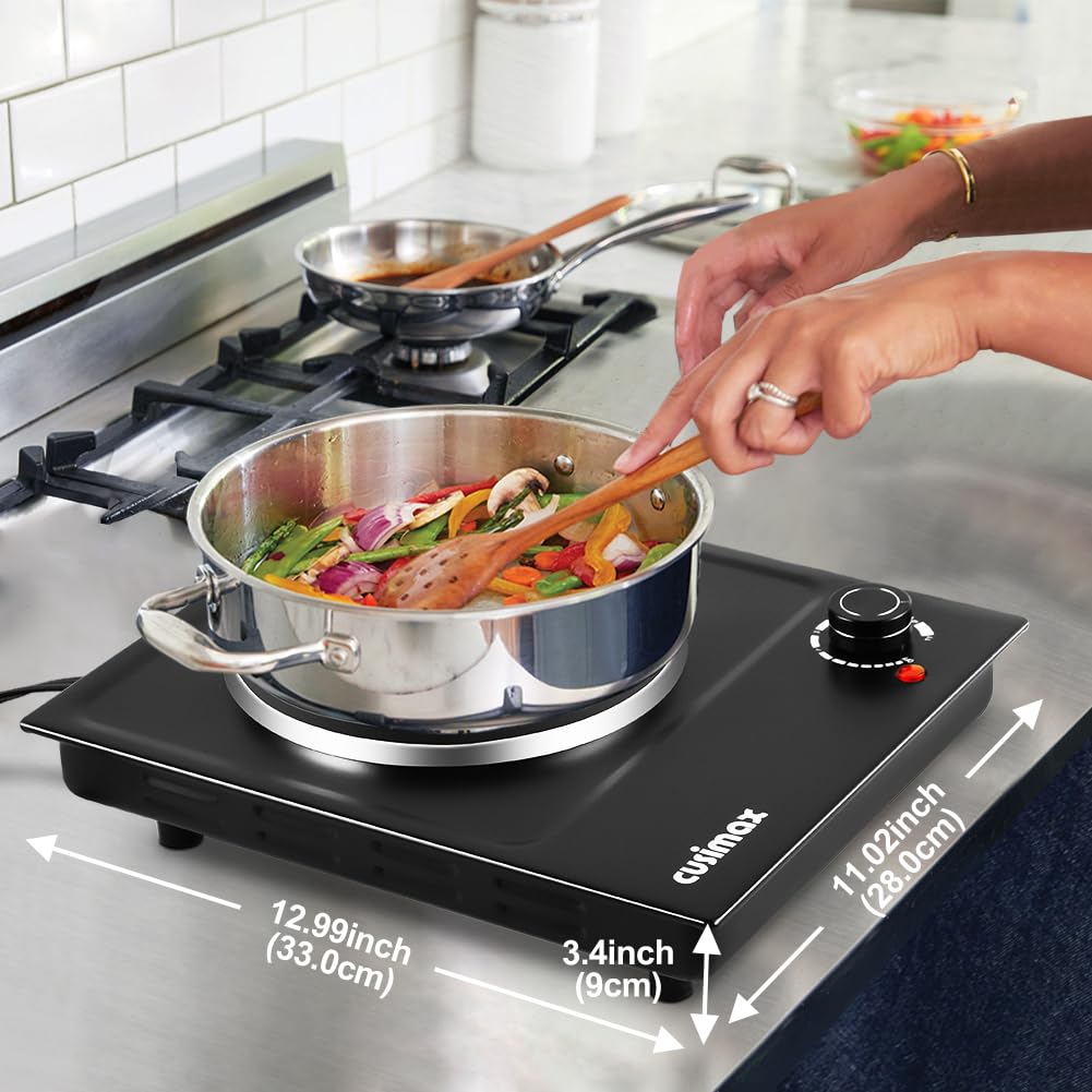 CUSIMAX Hot Plate, Single Burner Electric Cooktop, 1500W Electric Burner Hot Plate for Cooking with Adjustable Temperature, Portable Countertop Burner Stainless Steel, Black, New Model