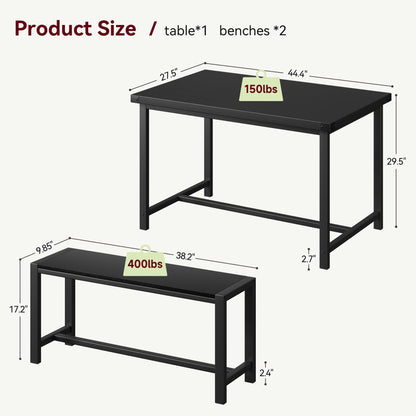 IDEALHOUSE Dining Table Set for 4, Kitchen Table with Benches, Rectangular Dining Room Table Set with 2 Metal Wood Benches, 3 Piece Dining Table Set for Small Space, Apartment, Dinette, Retro - WoodArtSupply