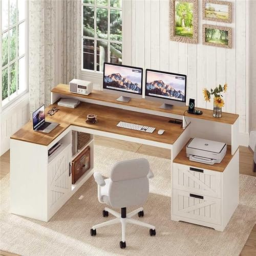 TVU Farmhouse L Shaped Desk with Drawers, 62.2" Home Office Desk with Storage Shelves and Power Outlet, L Shaped Computer Desk with Monitor Stand and Printer Shelf, Brown and White TVU