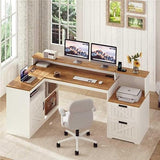 TVU Farmhouse L Shaped Desk with Drawers, 62.2" Home Office Desk with Storage Shelves and Power Outlet, L Shaped Computer Desk with Monitor Stand and Printer Shelf, Brown and White TVU