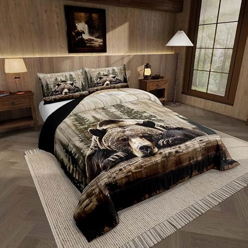 Feelyou Grizzly Bear Comforter Set King Size, Wild Animal Hunting Quilt Set with 2 Pillowcases, Western Cabin Bedding Set 3pcs for Kids Boys Teens Room Decor, Rustic Country Farmhouse Duvet Insert Feelyou