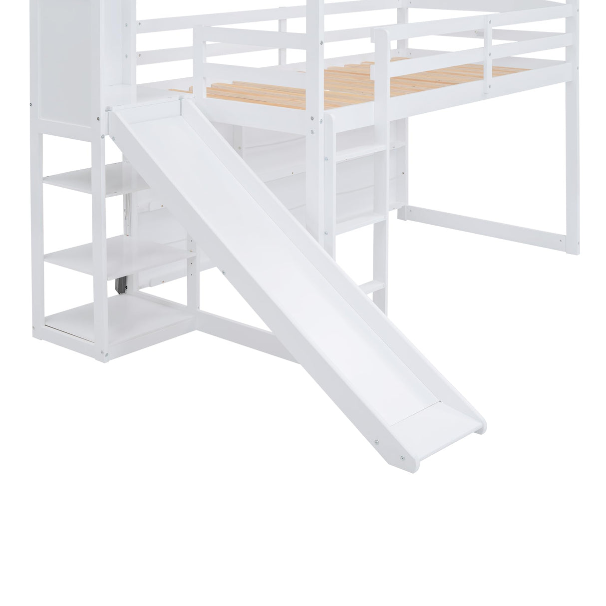 Twin Size Wood House Loft Bed Frame for Boys Girls Kids Adults Toddler with Slide, Storage Shelves and Light, White Flieks