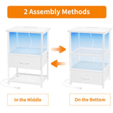 Fixwal Night Stand Set of 2 with Charging Station, LED Nightstand with Fabric Drawers, End Table with PU Finish, Bed Side Table, White Fixwal